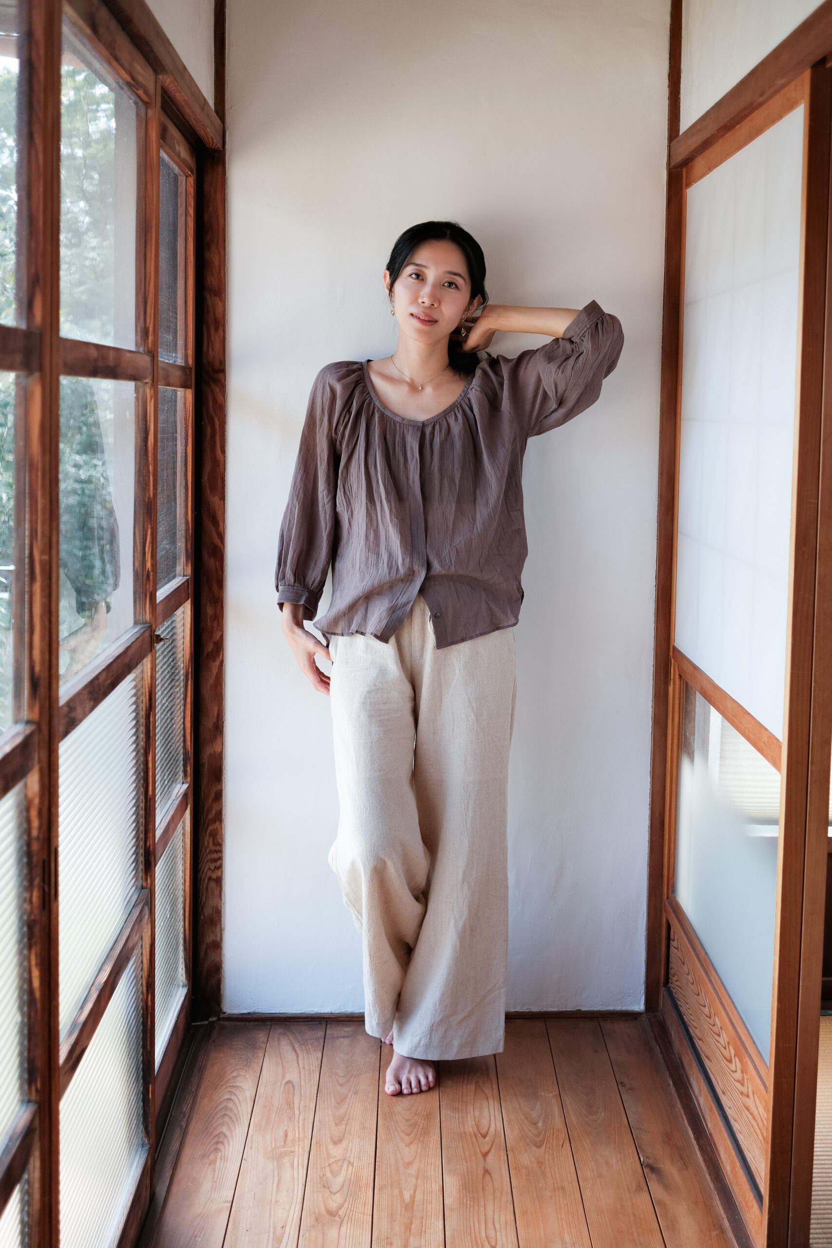 Voile cotton shirt blouse (soft brown) - 画像 (5)